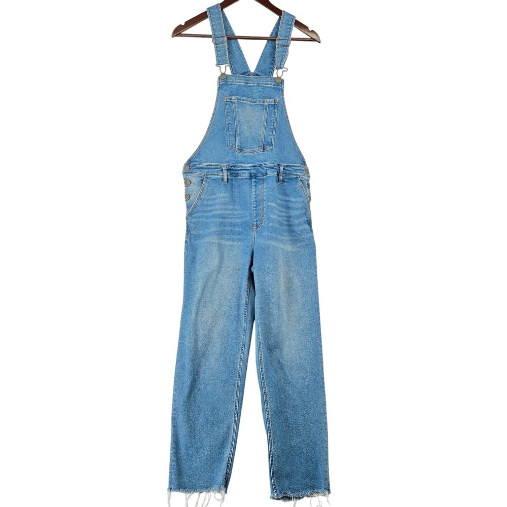 Ava & Viv Denim Women Medium Wash Straight Leg Raw Hem Bib Overalls